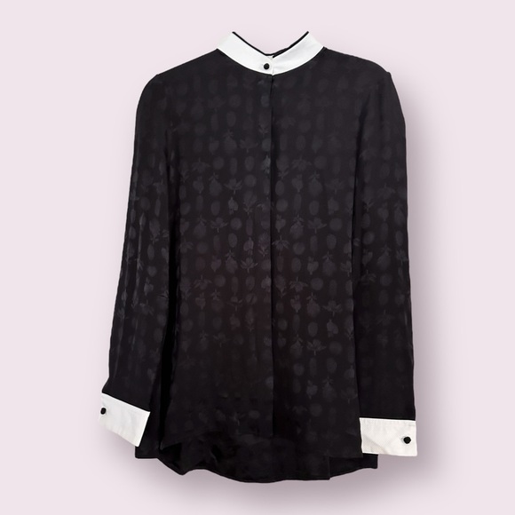 The Row Silk Blouse Black Long Sleeve Jacquard White Mock Neck Collar Size 6 - Picture 1 of 15